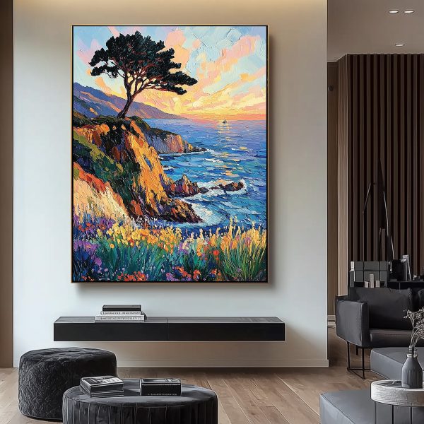 3D Textured Cliffside Tree Wall Art | Vibrant Sunset Landscape Oil Painting | Impasto Floral & Ocean Canvas Art - Image 2