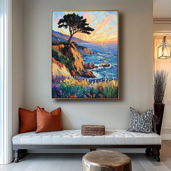3D Textured Cliffside Tree Wall Art | Vibrant Sunset Landscape Oil Painting | Impasto Floral & Ocean Canvas Art - Image 4