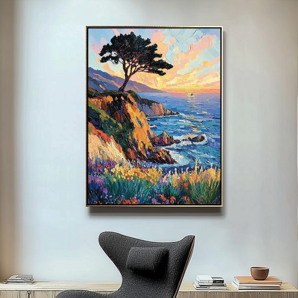 3D Textured Cliffside Tree Wall Art | Vibrant Sunset Landscape Oil Painting | Impasto Floral & Ocean Canvas Art - Image 5