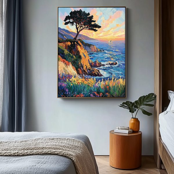 3D Textured Cliffside Tree Wall Art | Vibrant Sunset Landscape Oil Painting | Impasto Floral & Ocean Canvas Art - Image 6