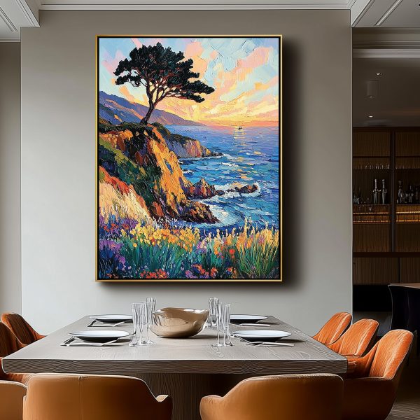 3D Textured Cliffside Tree Wall Art | Vibrant Sunset Landscape Oil Painting | Impasto Floral & Ocean Canvas Art - Image 3