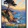 Textured oil painting of a black-leafed tree on orange-green cliffs with yellow/purple floral fields, turquoise ocean waves, and a pink-orange sunset sky with bold brushstrokes.