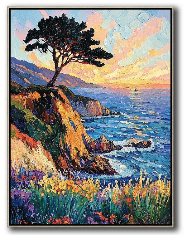 Textured oil painting of a black-leafed tree on orange-green cliffs with yellow/purple floral fields, turquoise ocean waves, and a pink-orange sunset sky with bold brushstrokes.