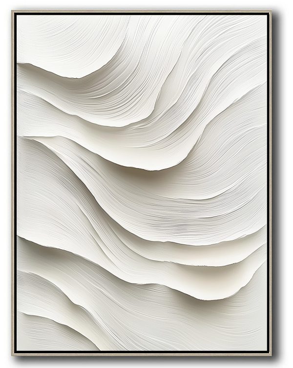 Pure white 3D sculptural wall art with flowing wave-like relief textures. Organic layered ridges cast soft shadows, creating depth through monochromatic light interplay on seamless white background.