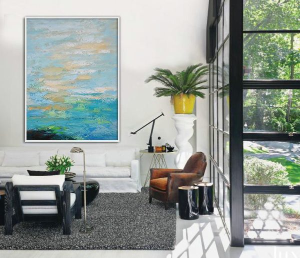 Extra Large Painting,Vertical Palette Knife Contemporary Art,Custom Canvas Wall Art,Blue,Yellow,White.etc - Image 3