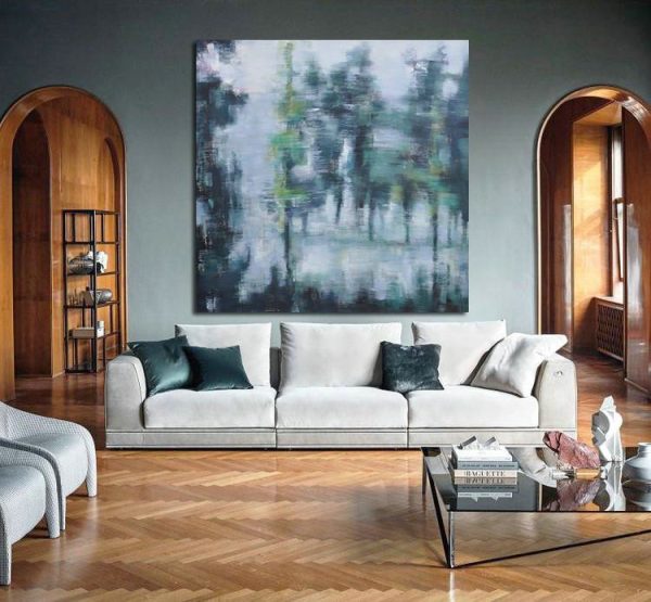 Large Abstract Painting,Abstract Landscape Oil Painting,Oversized Custom Canvas Art,White,Grey,Dark Green - Image 6