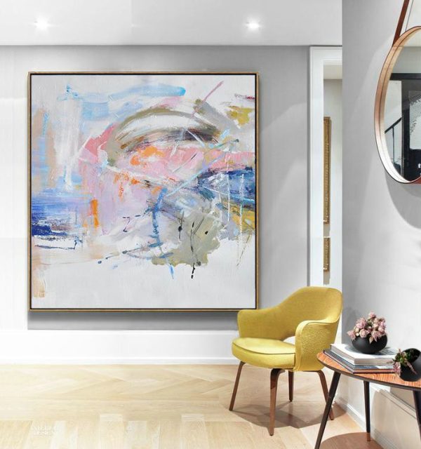 Large Contemporary Art Acrylic Painting,Oversized Abstract Oil Painting,Hand Paint Abstract Painting,White,Pink,Blue,Gray.etc - Image 4
