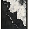 Abstract monochrome oil painting: flowing white impasto wave textures with jagged edges cascade over a charcoal-black granular background, scattered with white micro-particle details.