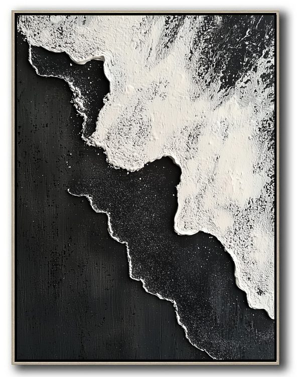 Abstract monochrome oil painting: flowing white impasto wave textures with jagged edges cascade over a charcoal-black granular background, scattered with white micro-particle details.
