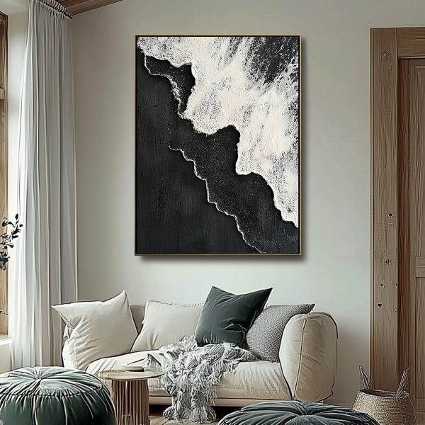 3D Textured Monochrome Wave Wall Art | Abstract Black & White Impasto | Dynamic Palette Knife Canvas - Image 2