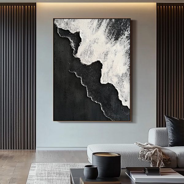 3D Textured Monochrome Wave Wall Art | Abstract Black & White Impasto | Dynamic Palette Knife Canvas - Image 3