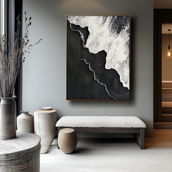 3D Textured Monochrome Wave Wall Art | Abstract Black & White Impasto | Dynamic Palette Knife Canvas - Image 4