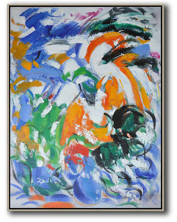Large Wall Art Canvas,Vertical Palette Knife Contemporary Art,Modern Wall Art,Blue,White,Orange,Green.etc