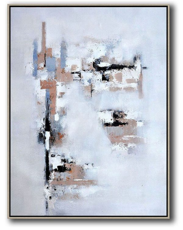 Acrylic Painting On Canvas,Vertical Palette Knife Contemporary Art,Abstract Oil Painting,Earthy Yellow,White,Grey.etc