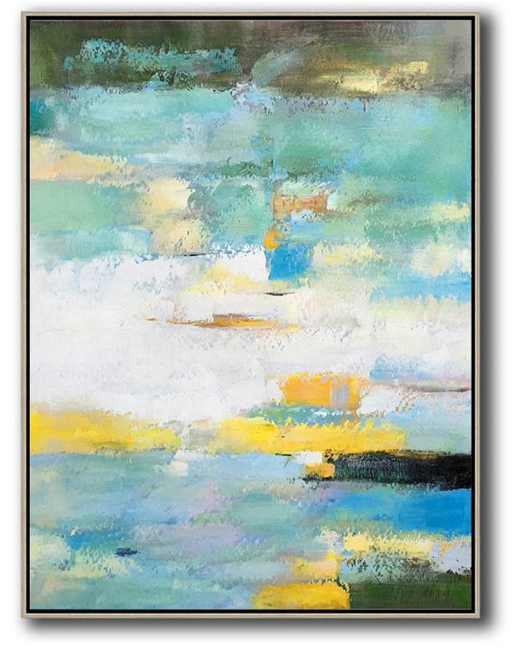 Huge Abstract Canvas Art,Vertical Palette Knife Contemporary Art,Art Work,Green,White,Yellow,Blue.etc