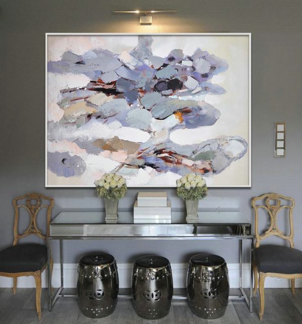 Handmade Extra Large Contemporary Painting,Oversized Horizontal Contemporary Art,Abstract Painting Modern Art,White,Grey,Pink,Blue,Yellow.etc - Image 2