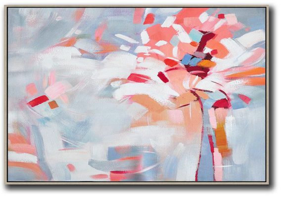 Large Abstract Art Handmade Oil Painting,Oversized Horizontal Contemporary Art,Modern Art Abstract Painting,White,Pink,Red,Grey.etc
