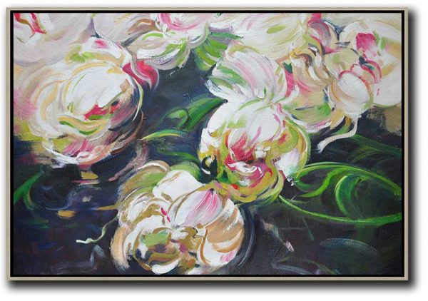 Large Abstract Painting On Canvas,Horizontal Abstract Flower Oil Painting,Contemporary Art Acrylic Painting,White,Green,Black.etc