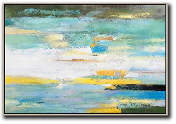 Extra Large Canvas Art,Oversized Horizontal Abstract Landscape Art,Modern Art Abstract Painting,White,Yellow,Light Green.etc