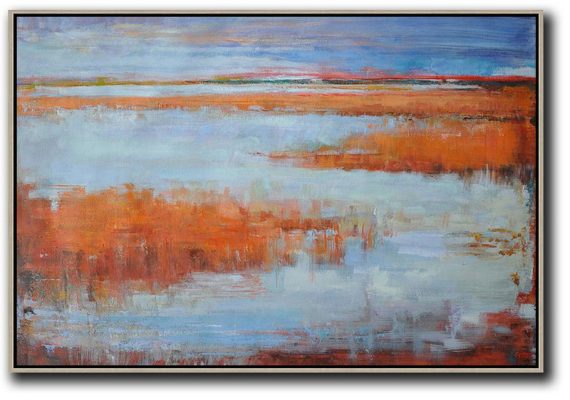 Extra Large Painting,Horizontal Abstract Landscape Oil Painting On Canvas,Acrylic Painting On Canvas,Blue,Orange,Grey,Red.etc