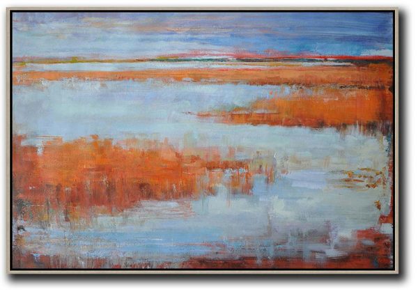 Extra Large Painting,Horizontal Abstract Landscape Oil Painting On Canvas,Acrylic Painting On Canvas,Blue,Orange,Grey,Red.etc