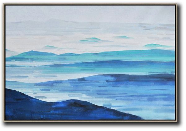 Hand Painted Extra Large Abstract Painting,Horizontal Abstract Landscape Oil Painting On Canvas,Hand Painted Abstract Art,Grey,White,Blue