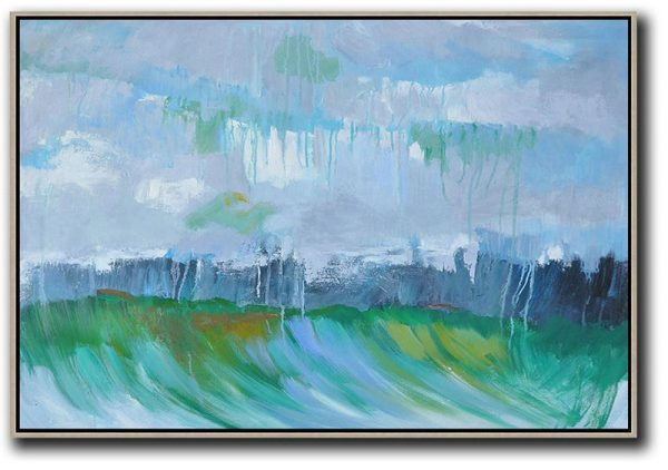 Hand Painted Extra Large Abstract Painting,Horizontal Abstract Landscape Oil Painting On Canvas,Giant Canvas Wall Art,Purple Grey,Green,Dark Blue