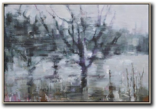 Extra Large Acrylic Painting On Canvas,Horizontal Abstract Landscape Oil Painting On Canvas,Hand Paint Large Clean Modern Art,Grey,Purple,Dark Green.etc