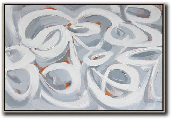 Handmade Large Contemporary Art,Horizontal Palette Knife Contemporary Art,Canvas Wall Paintings,White,Grey,Orange.etc