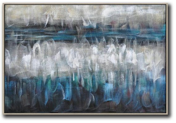 Large Abstract Painting On Canvas,Oversized Horizontal Contemporary Art,Abstract Painting Modern Art,Blue,Grey,Black,White.etc