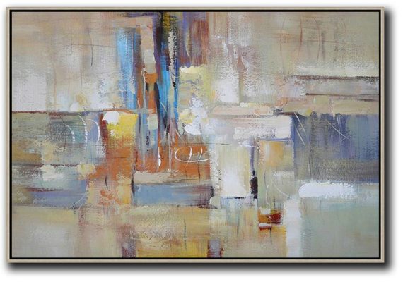 Huge Abstract Painting On Canvas,Oversized Horizontal Contemporary Art,Original Art Acrylic Painting,Grey,White,Earthy Yellow.etc