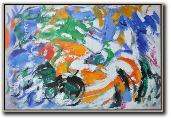 Modern Painting Abstract,Oversized Horizontal Contemporary Art,Hand-Painted Canvas Art,Blue,White,Green,Orange.etc
