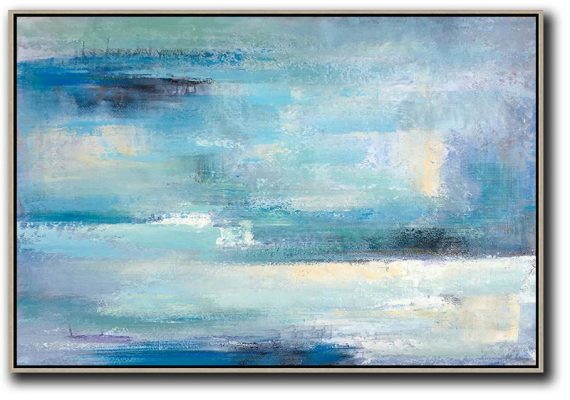 Large Abstract Painting Canvas Art,Oversized Horizontal Contemporary Art,Hand Made Original Art,Blue,Grey,Yellow,White.etc