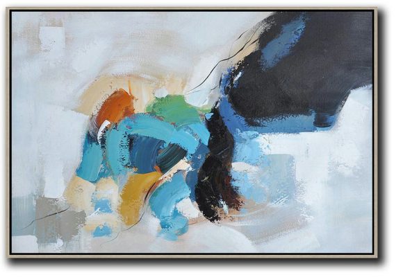 Large Wall Canvas Paintings,Oversized Horizontal Contemporary Art,Modern Paintings,White,Black,Grey,Blue,Yellow.etc