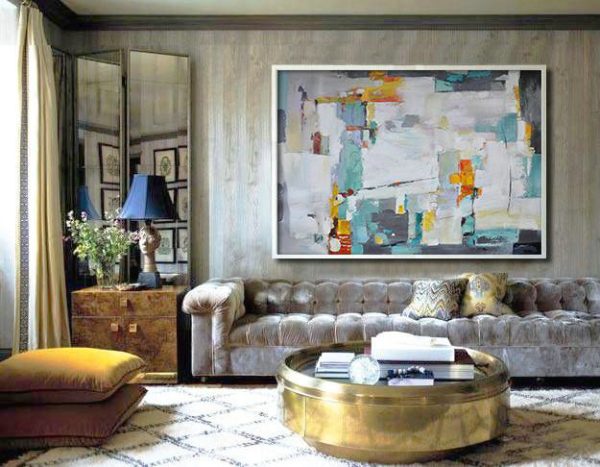 Original Abstract Oil Paintings,Oversized Horizontal Contemporary Art,Large Canvas Art,Modern Art Abstract Painting,White,Grey,Lake Blue,Yellow.etc - Image 3