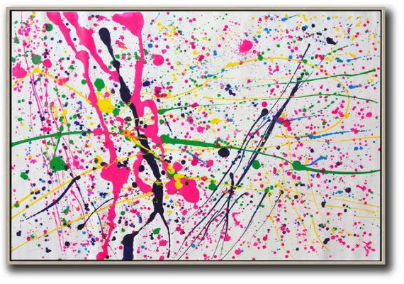 Contemporary Canvas Paintings,Oversized Horizontal Contemporary Art,Original Abstract Painting Canvas Art,Pink,White,Yellow,Green.etc