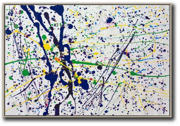 Extra Large 72 Acrylic Painting,Oversized Horizontal Contemporary Art,Large Wall Art Canvas,White,Dark Blue,Yellow,Green.etc