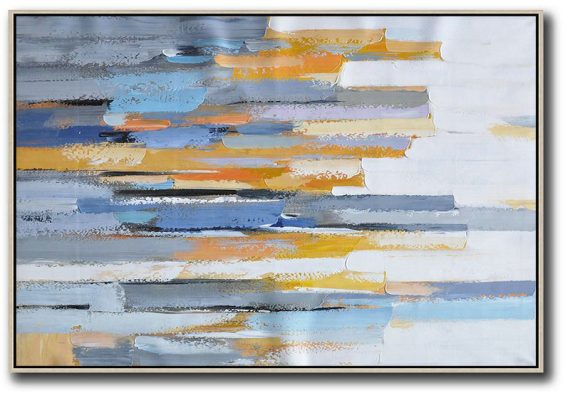 Hand Made Abstract Art,Oversized Horizontal Contemporary Art,Large Contemporary Painting,White,Grey,Blue,Yellow.etc