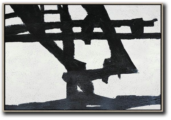 Hand Painted Original Art,Hand Painted Oversized Horizontal Minimal Art On Canvas, Black And White Minimalist Painting - Acrylic Painting Large Wall Art