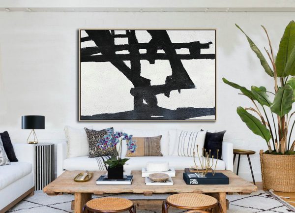 Hand Painted Original Art,Hand Painted Oversized Horizontal Minimal Art On Canvas, Black And White Minimalist Painting - Acrylic Painting Large Wall Art - Image 2