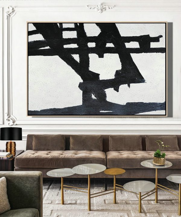 Hand Painted Original Art,Hand Painted Oversized Horizontal Minimal Art On Canvas, Black And White Minimalist Painting - Acrylic Painting Large Wall Art - Image 3