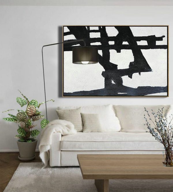 Hand Painted Original Art,Hand Painted Oversized Horizontal Minimal Art On Canvas, Black And White Minimalist Painting - Acrylic Painting Large Wall Art - Image 6