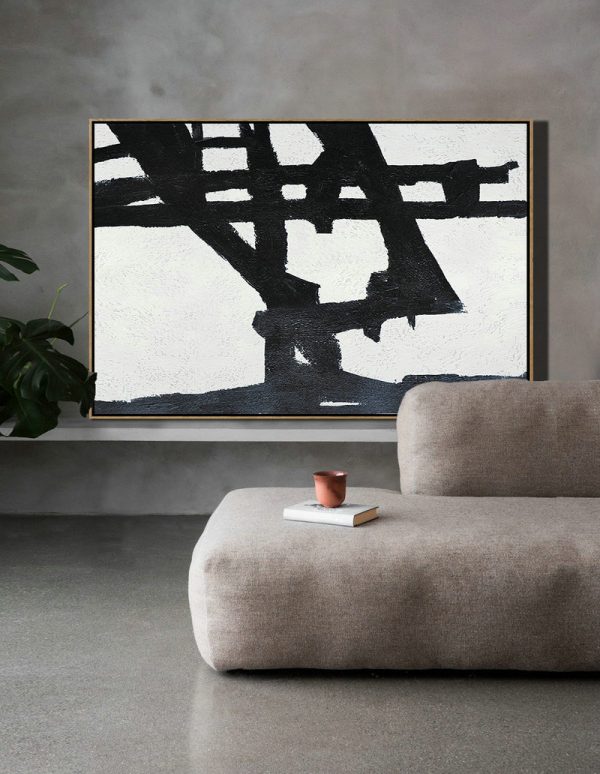 Hand Painted Original Art,Hand Painted Oversized Horizontal Minimal Art On Canvas, Black And White Minimalist Painting - Acrylic Painting Large Wall Art - Image 7
