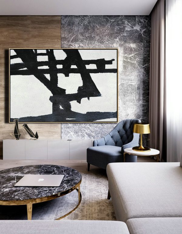 Hand Painted Original Art,Hand Painted Oversized Horizontal Minimal Art On Canvas, Black And White Minimalist Painting - Acrylic Painting Large Wall Art - Image 8