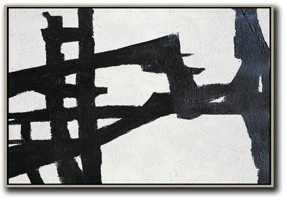Modern Art Abstract Painting,Hand Painted Oversized Horizontal Minimal Art On Canvas, Black And White Minimalist Painting - Huge Abstract Canvas Art