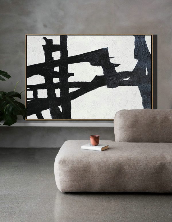 Modern Art Abstract Painting,Hand Painted Oversized Horizontal Minimal Art On Canvas, Black And White Minimalist Painting - Huge Abstract Canvas Art - Image 6