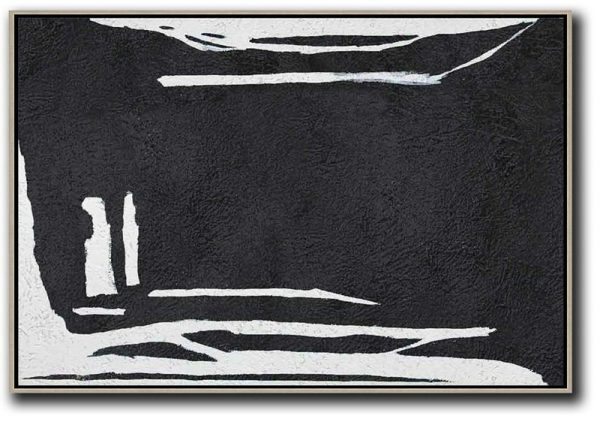 Modern Paintings On Canvas,Hand Painted Oversized Horizontal Minimal Art On Canvas, Black And White Minimalist Painting - Acrylic Painting On Canvas