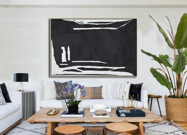 Modern Paintings On Canvas,Hand Painted Oversized Horizontal Minimal Art On Canvas, Black And White Minimalist Painting - Acrylic Painting On Canvas - Image 2