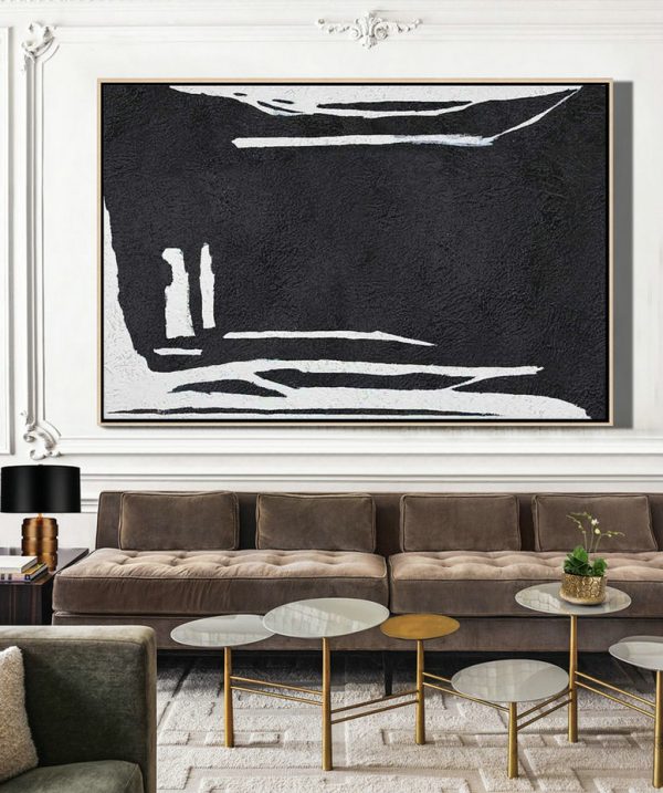 Modern Paintings On Canvas,Hand Painted Oversized Horizontal Minimal Art On Canvas, Black And White Minimalist Painting - Acrylic Painting On Canvas - Image 3