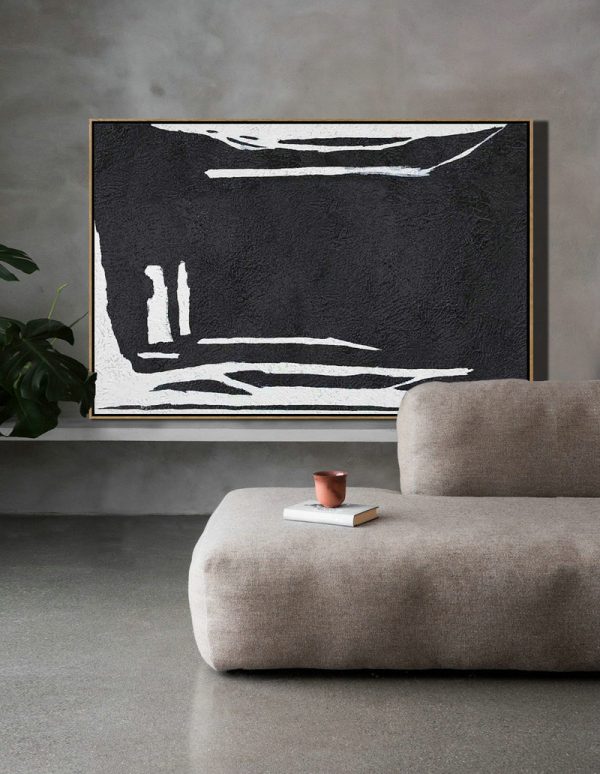 Modern Paintings On Canvas,Hand Painted Oversized Horizontal Minimal Art On Canvas, Black And White Minimalist Painting - Acrylic Painting On Canvas - Image 5